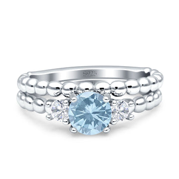 Three Stone Two Piece Bridal Wedding Beaded Ring Round Simulated Aquamarine 925 Sterling Silver Wholesale
